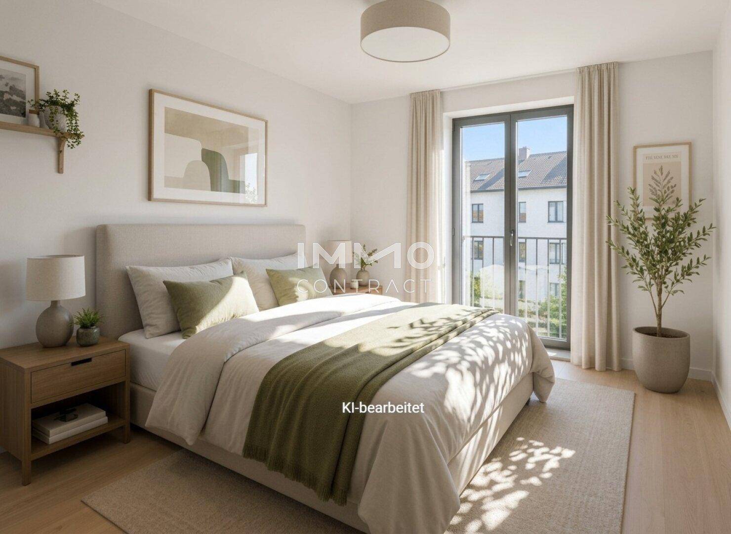Helles Schlafzimmer mit Doppelbett, Nachttisch und Zugang zu einem kleinen Balkon.