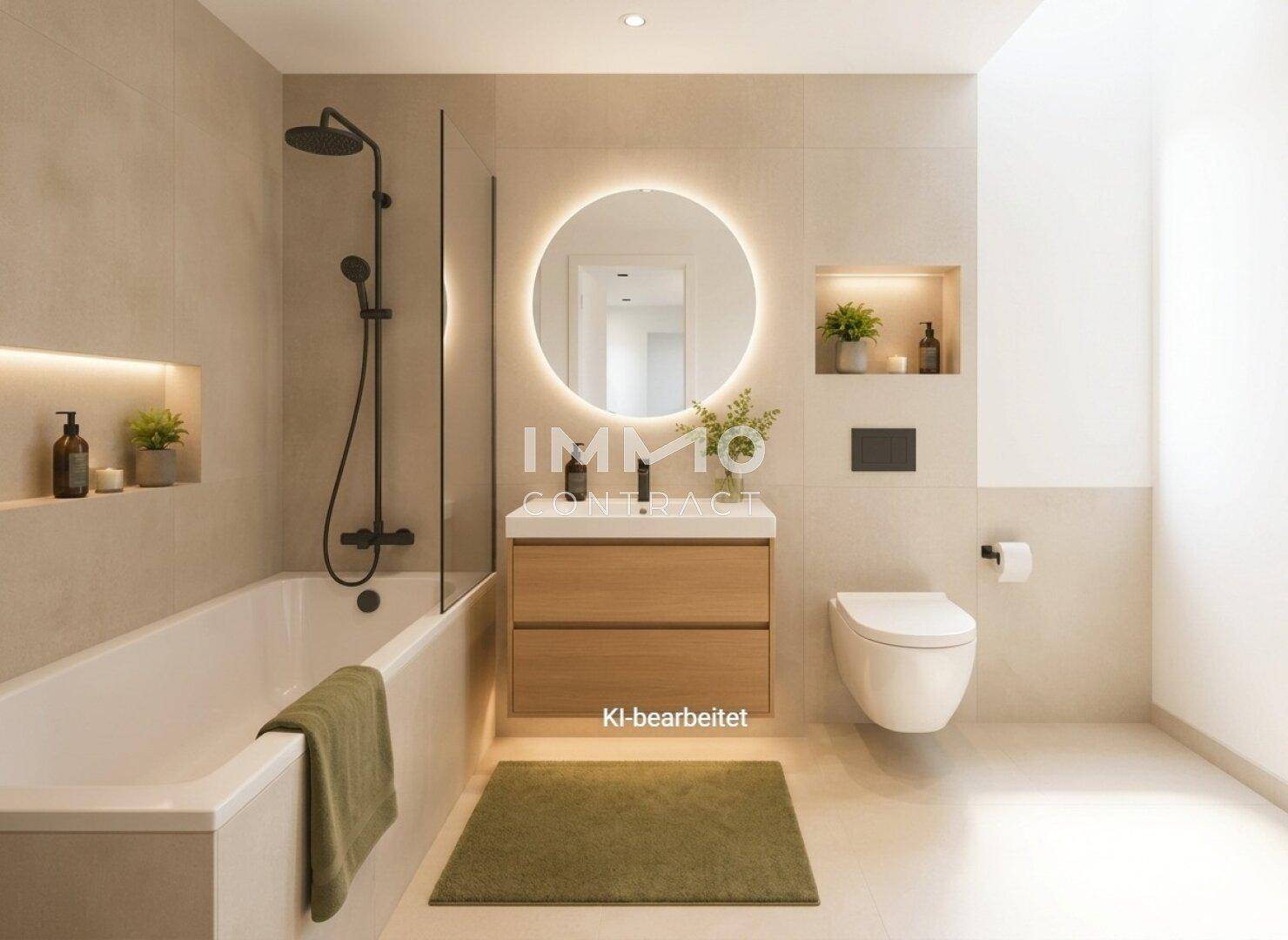 Modernes Badezimmer mit Badewanne, Dusche, beleuchtetem Spiegel und schwebendem Waschtisch.