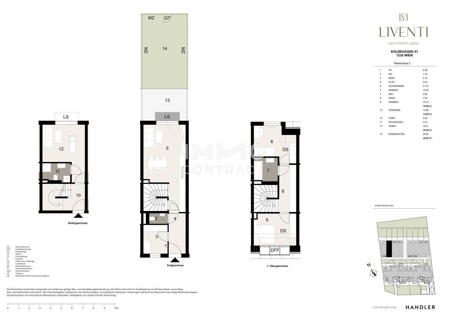 Detaillierter Grundriss eines Reihenhauses über mehrere Etagen mit Garten und Terrasse.