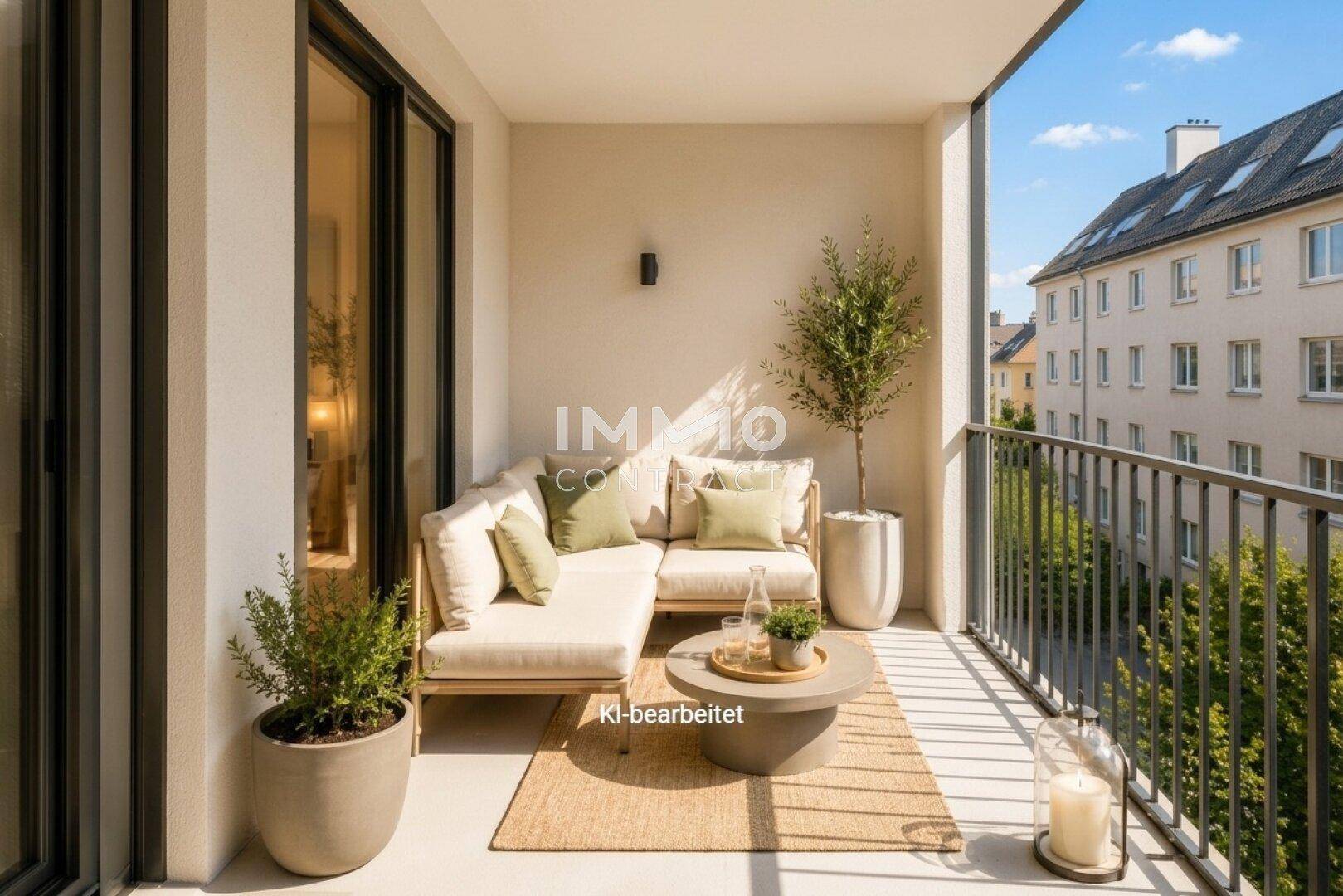 Gemütlicher Balkon mit bequemen Outdoor-Möbeln und Blick auf die Stadt.