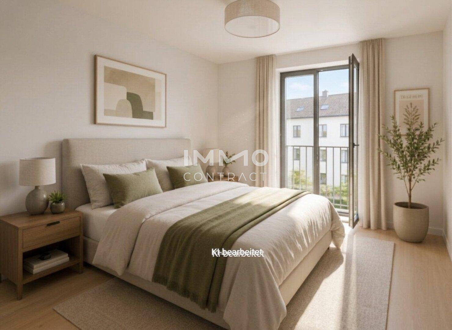 Helles Schlafzimmer mit Doppelbett, Holzboden und französischem Balkon.