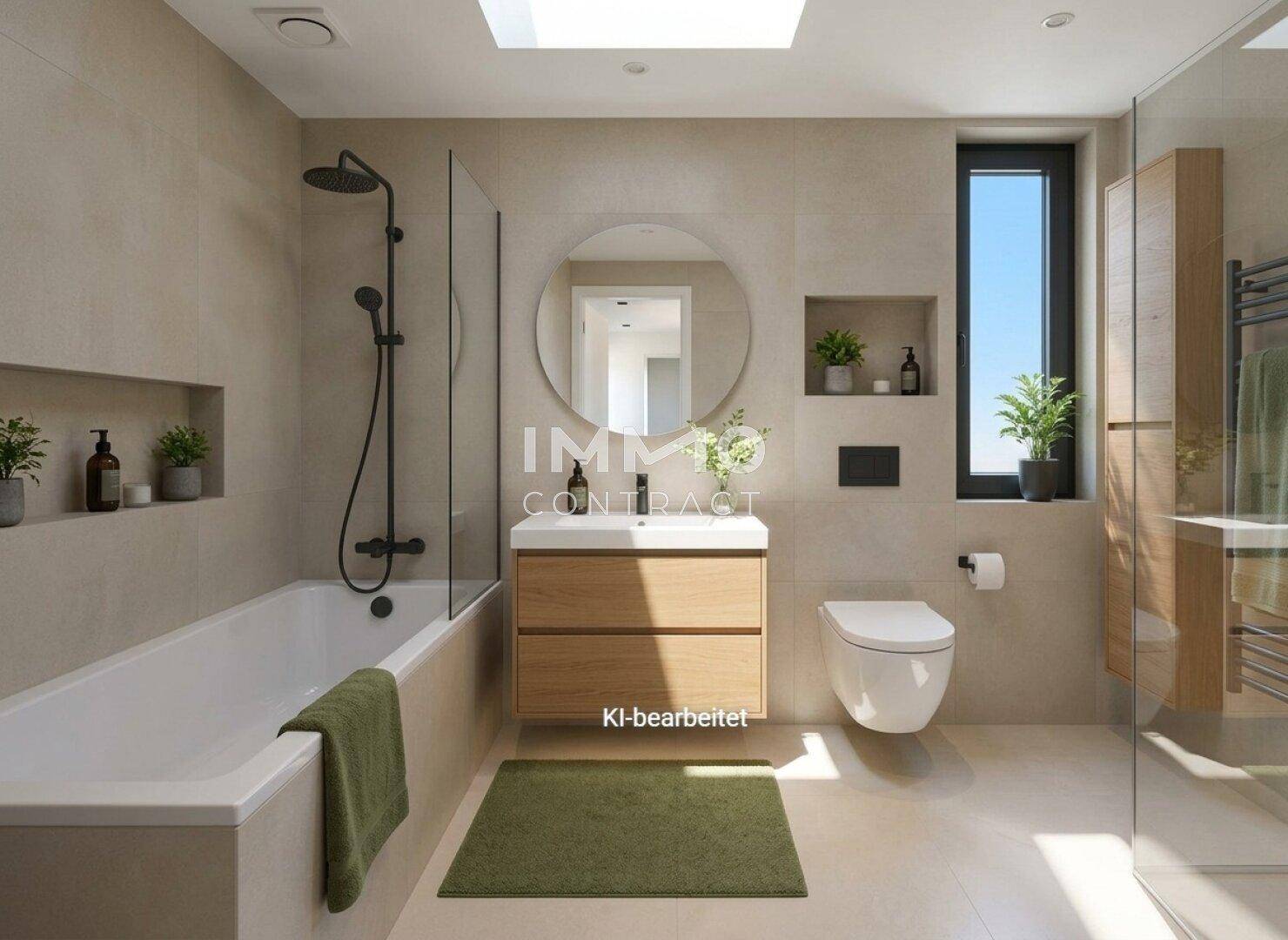 Modernes Badezimmer mit Badewanne, Dusche, Waschtisch und Oberlicht für viel Tageslicht.