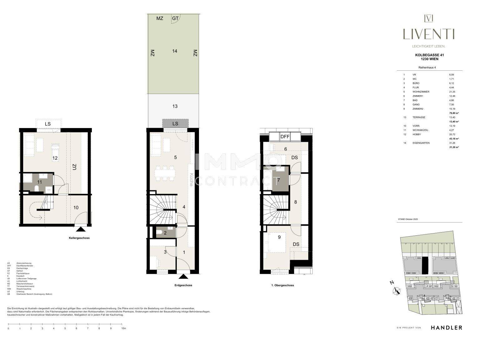 Detaillierter Grundriss eines Reihenhauses über mehrere Etagen mit Garten und Terrasse.