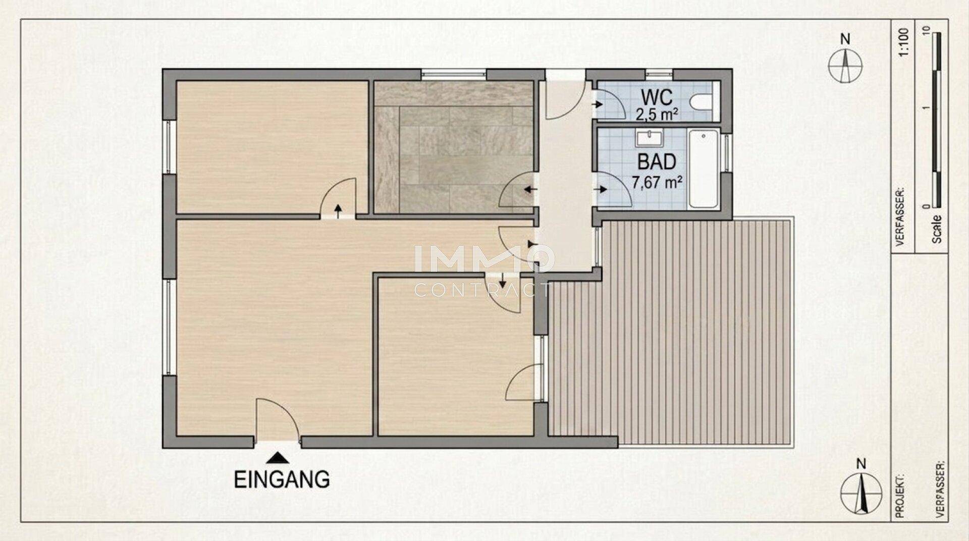 Grundriss einer Wohnung mit mehreren Zimmern, einem Badezimmer, separatem WC und einer Terrasse.