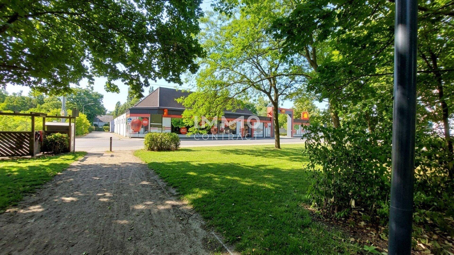 Eine grüne Wiese mit Bäumen im Vordergrund und einem Geschäftsgebäude im Hintergrund an einem sonnigen Tag.