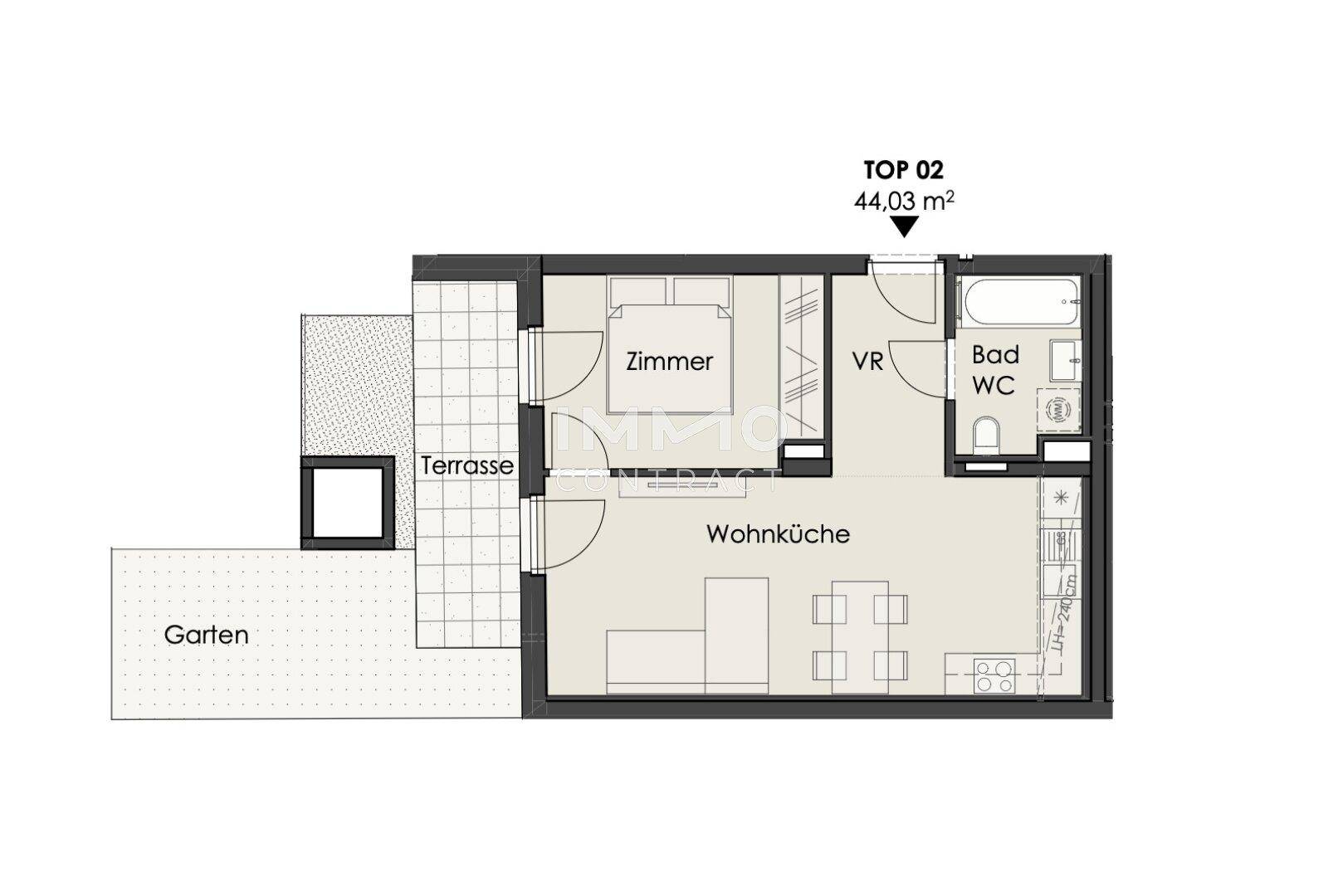 Grundriss der Wohnung TOP 02 mit Wohnküche, Zimmer, Bad/WC, Terrasse und Garten.