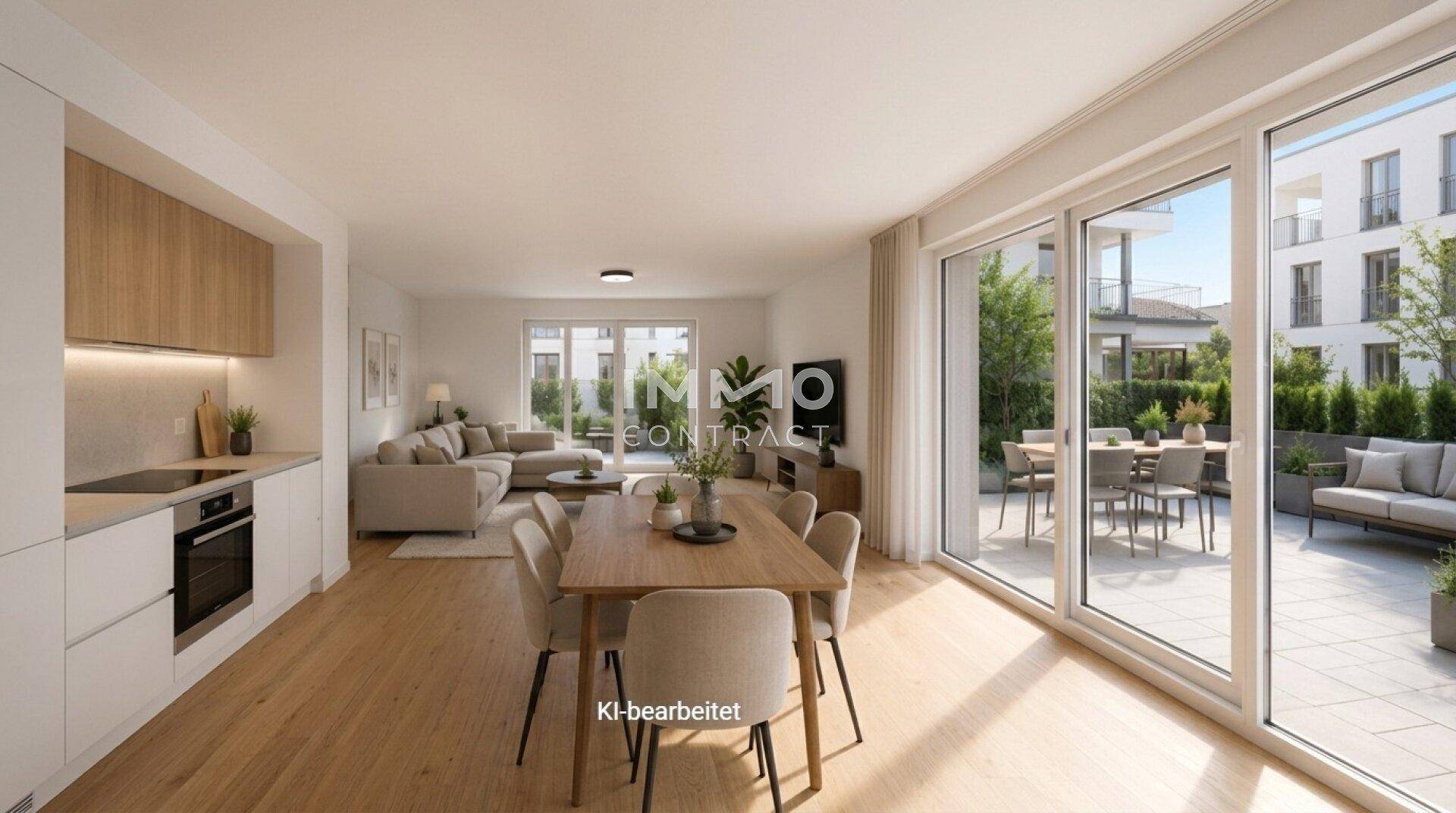 Heller, offener Wohn-Essbereich mit moderner Küche, Holzboden und Zugang zur Terrasse.