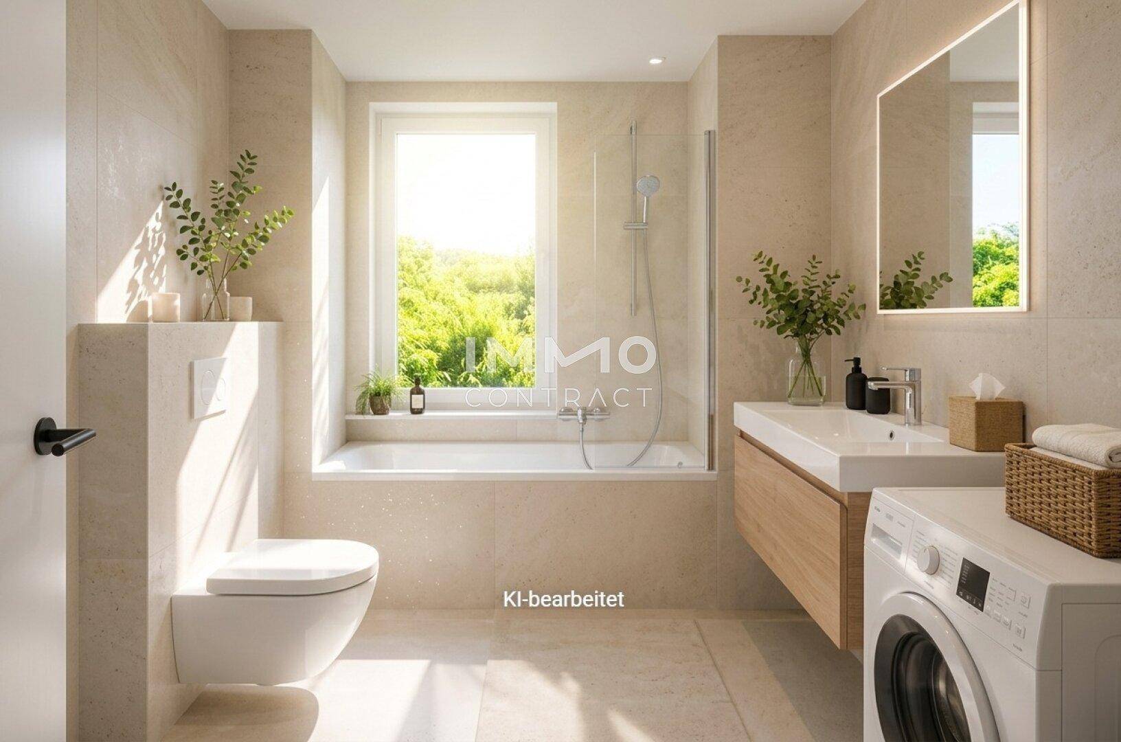 Helles, modernes Badezimmer mit Badewanne, Dusche, Waschbecken und Fenster mit Grünblick.
