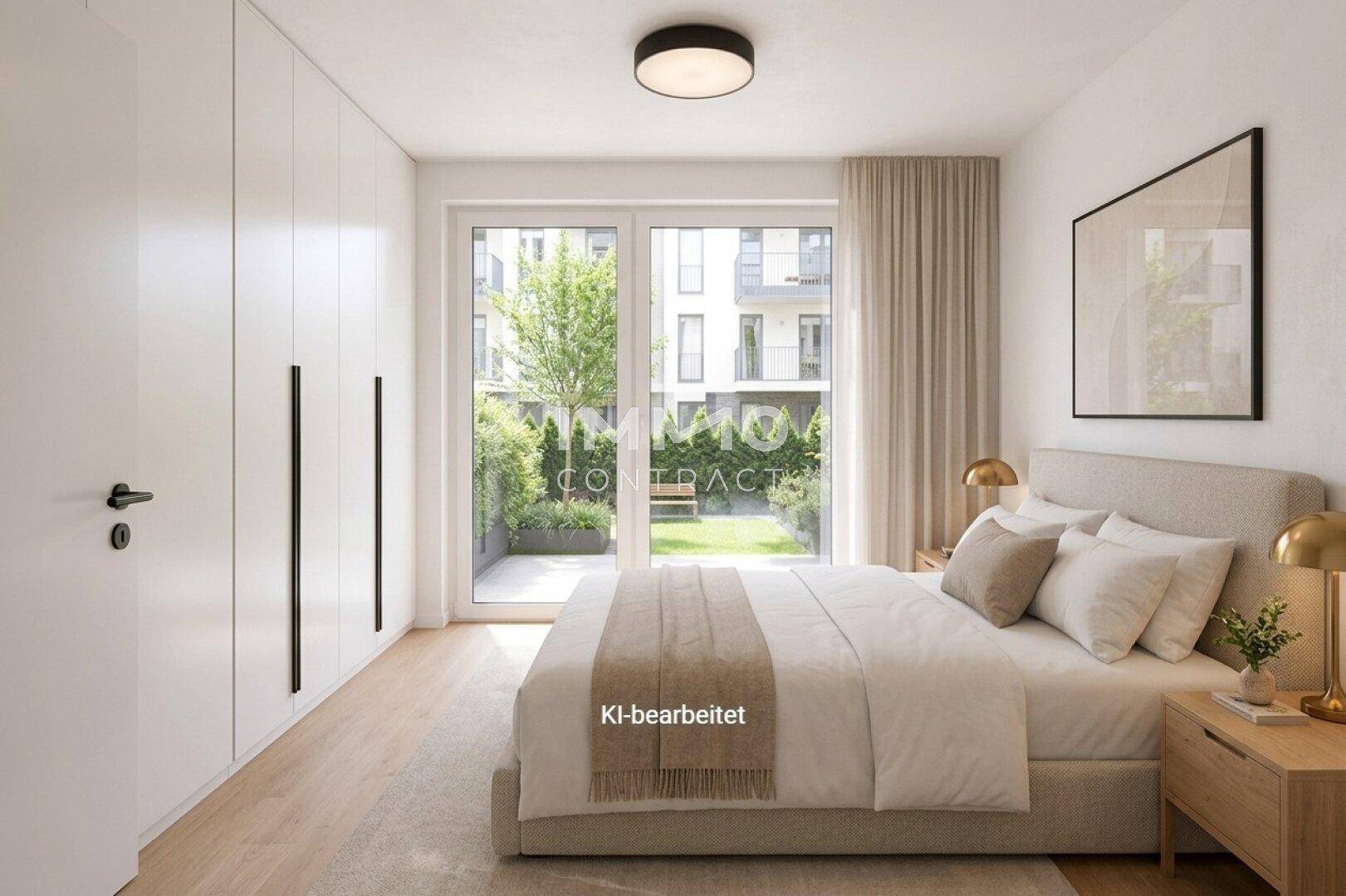 Modernes Schlafzimmer mit Doppelbett, Einbauschränken und Zugang zum Garten.