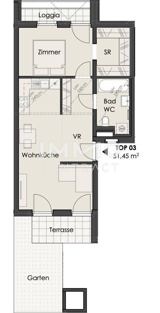 Grundriss der Wohnung TOP 03 mit Wohnküche, Zimmer, Bad, Loggia, Terrasse und Garten.