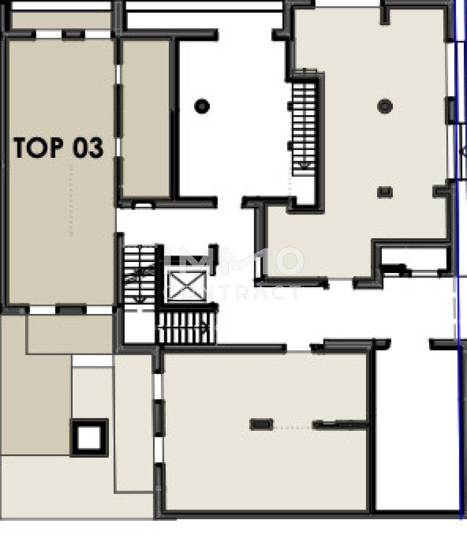 Detaillierter Grundriss eines Gebäudeteils mit Treppen und der Einheit TOP 03.