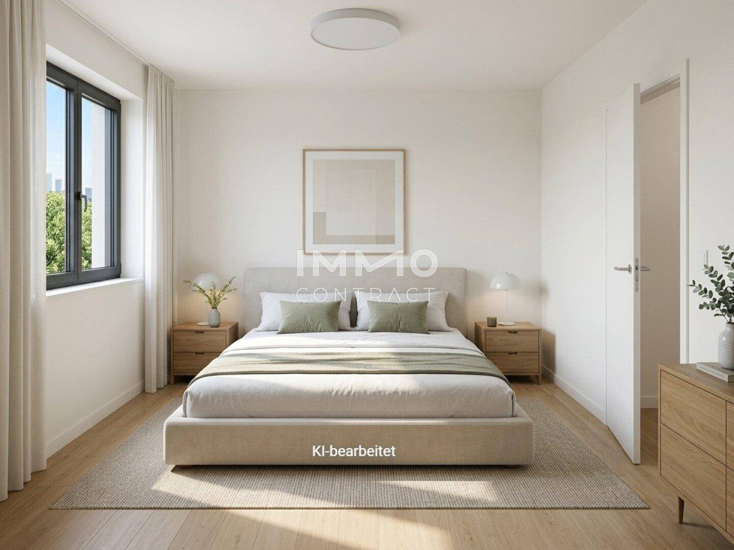 Modernes Schlafzimmer mit Doppelbett, Holzboden und einem großen Fenster für viel Tageslicht.