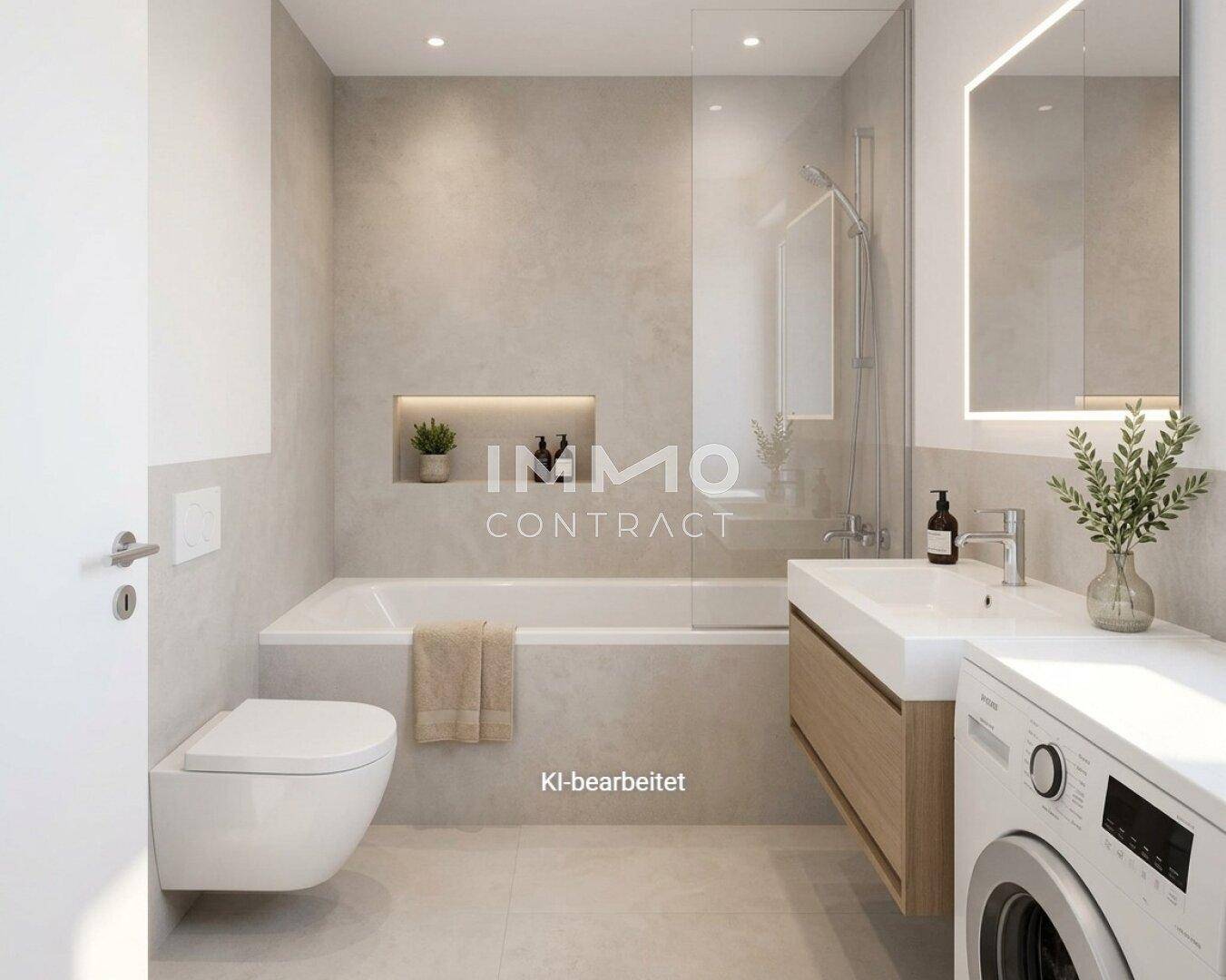 Modernes Badezimmer mit Badewanne, Dusche, wandhängendem WC und integrierter Waschmaschine.