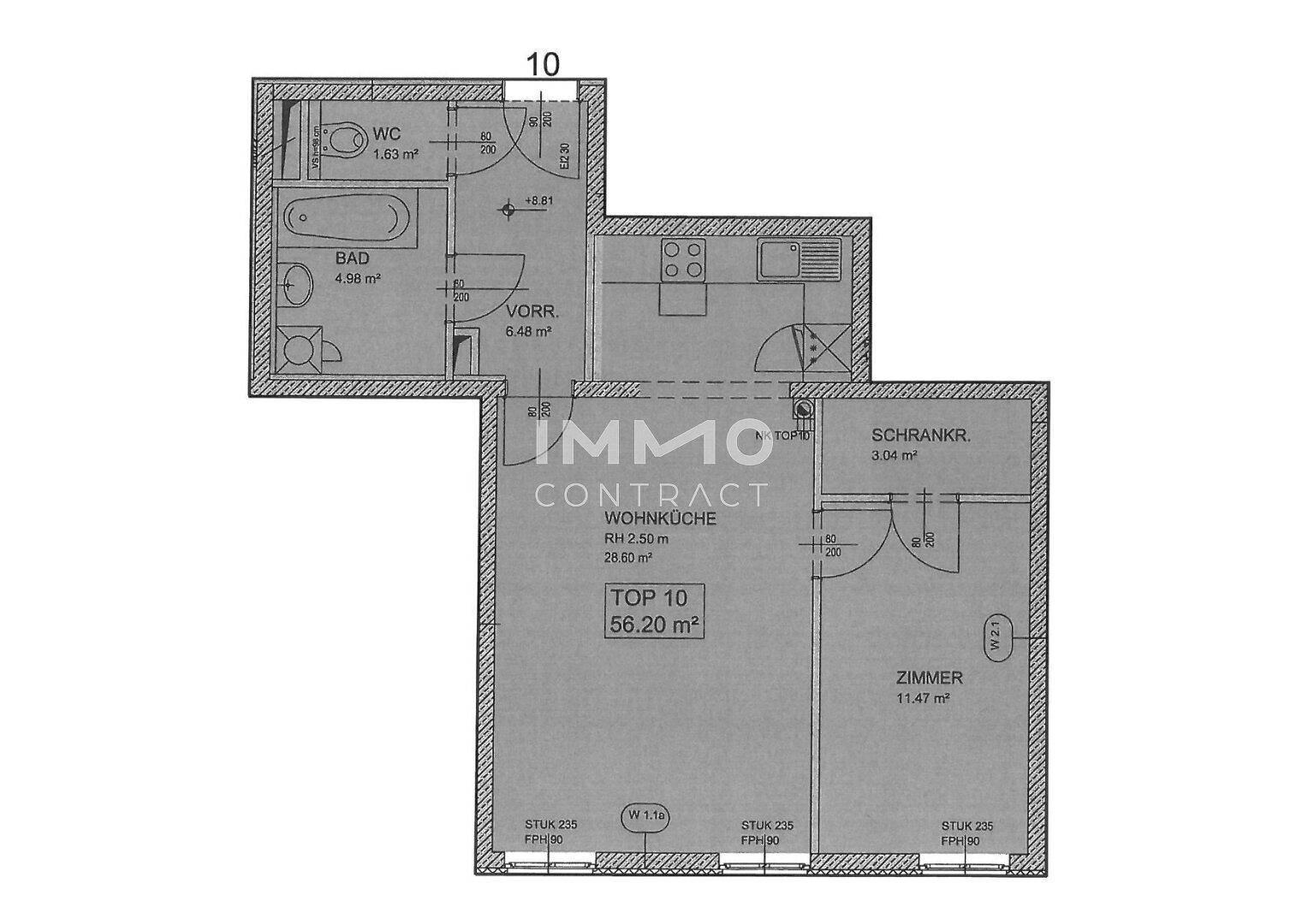 Grundriss der Wohnung Top 10 mit Bad, WC, Wohnküche und einem weiteren Zimmer.