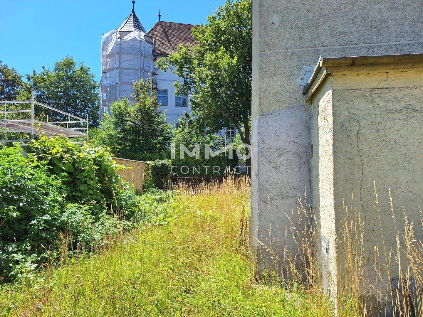 Verwildertes Grundstück neben einem Gebäude mit Blick auf ein historisches Schloss im Hintergrund.