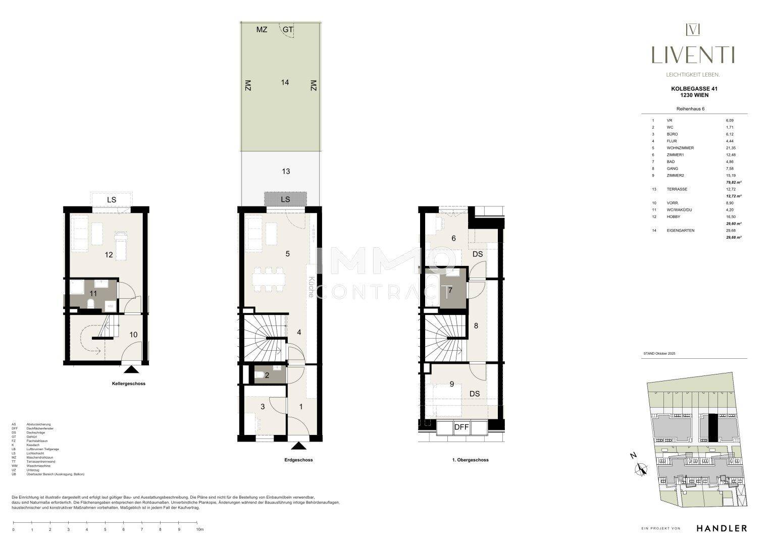 Grundriss für ein Reihenhaus mit Keller, Erdgeschoss und Obergeschoss, inklusive Außenbereichen.