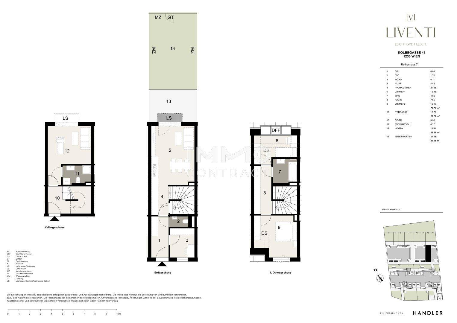 Detaillierter Grundriss eines Reihenhauses über drei Etagen mit Garten und Terrasse.