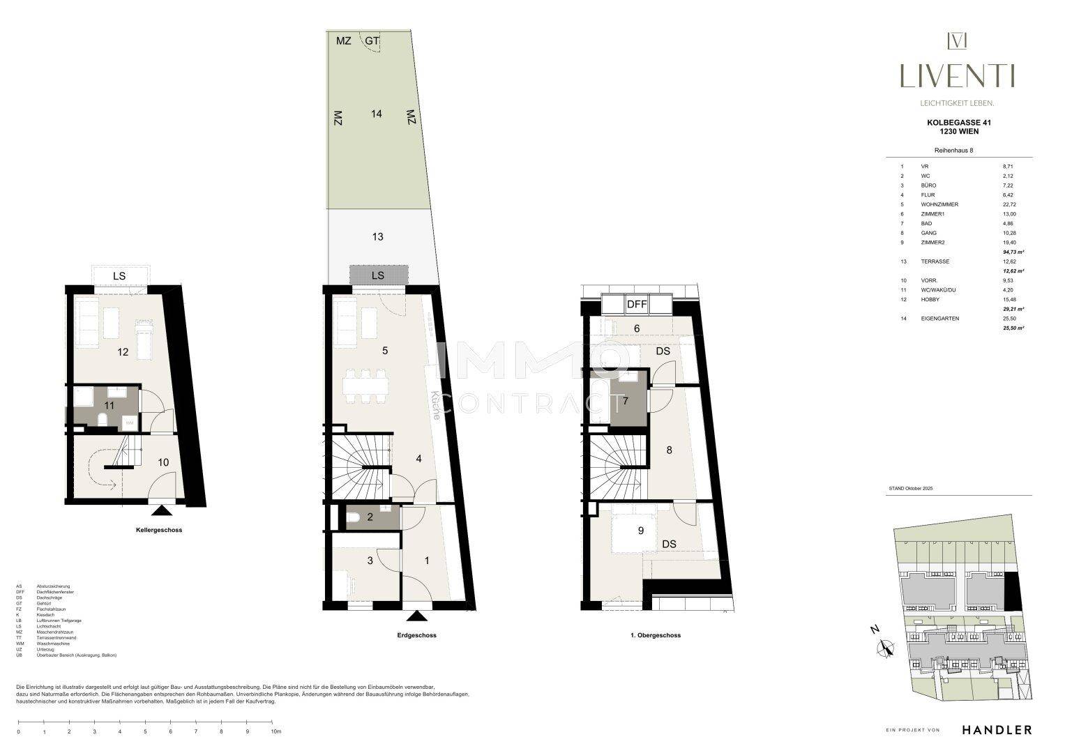 Detaillierter Grundriss mit Kellergeschoss, Erdgeschoss und Obergeschoss sowie Lageplan.