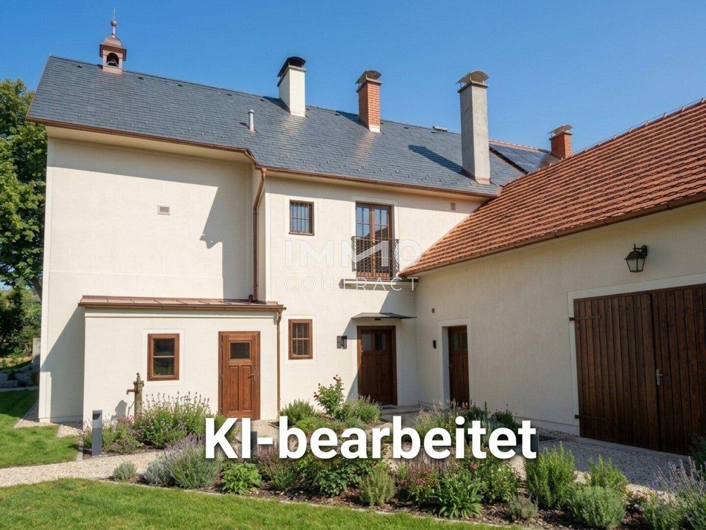 KI-bearbeitete Visualisierung der sanierten Gebäudefassade mit neuem Dach und gepflegtem Vorgarten.