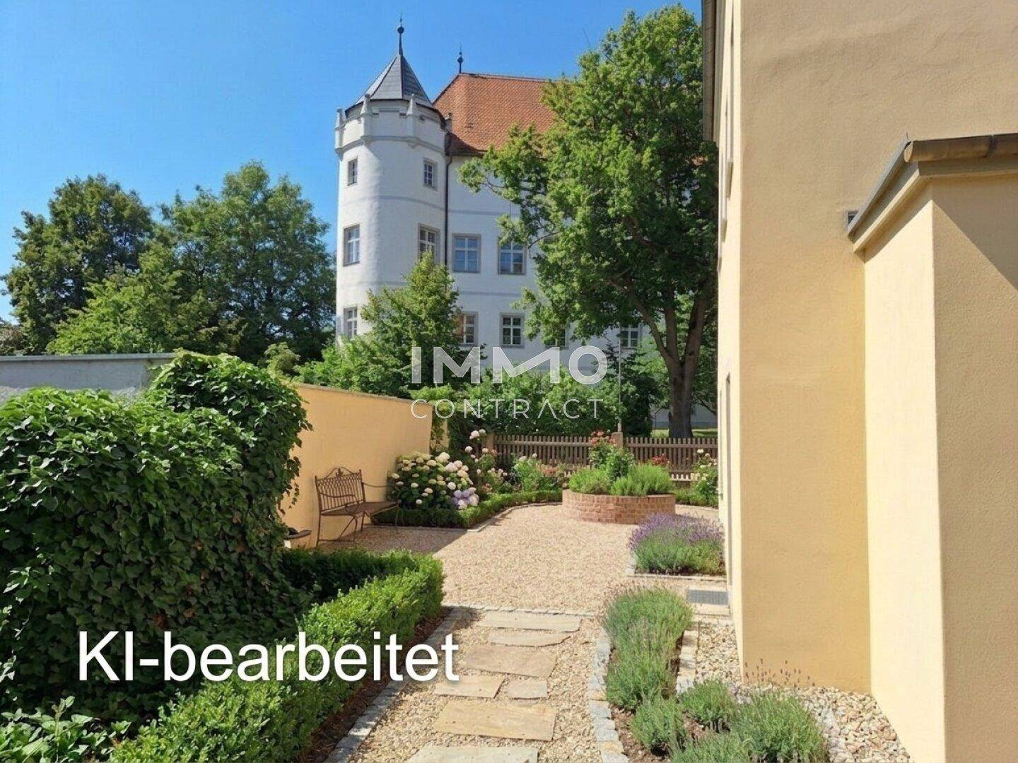 KI-bearbeiteter, liebevoll gestalteter Gartenbereich mit Sitzbank und Blick auf ein historisches Schloss.