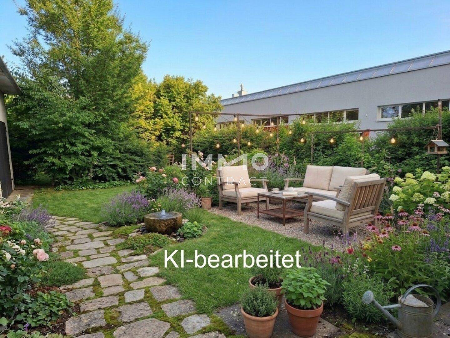 KI-bearbeiteter, einladender Garten mit Sitzbereich, Blumenbeeten und stimmungsvoller Beleuchtung.