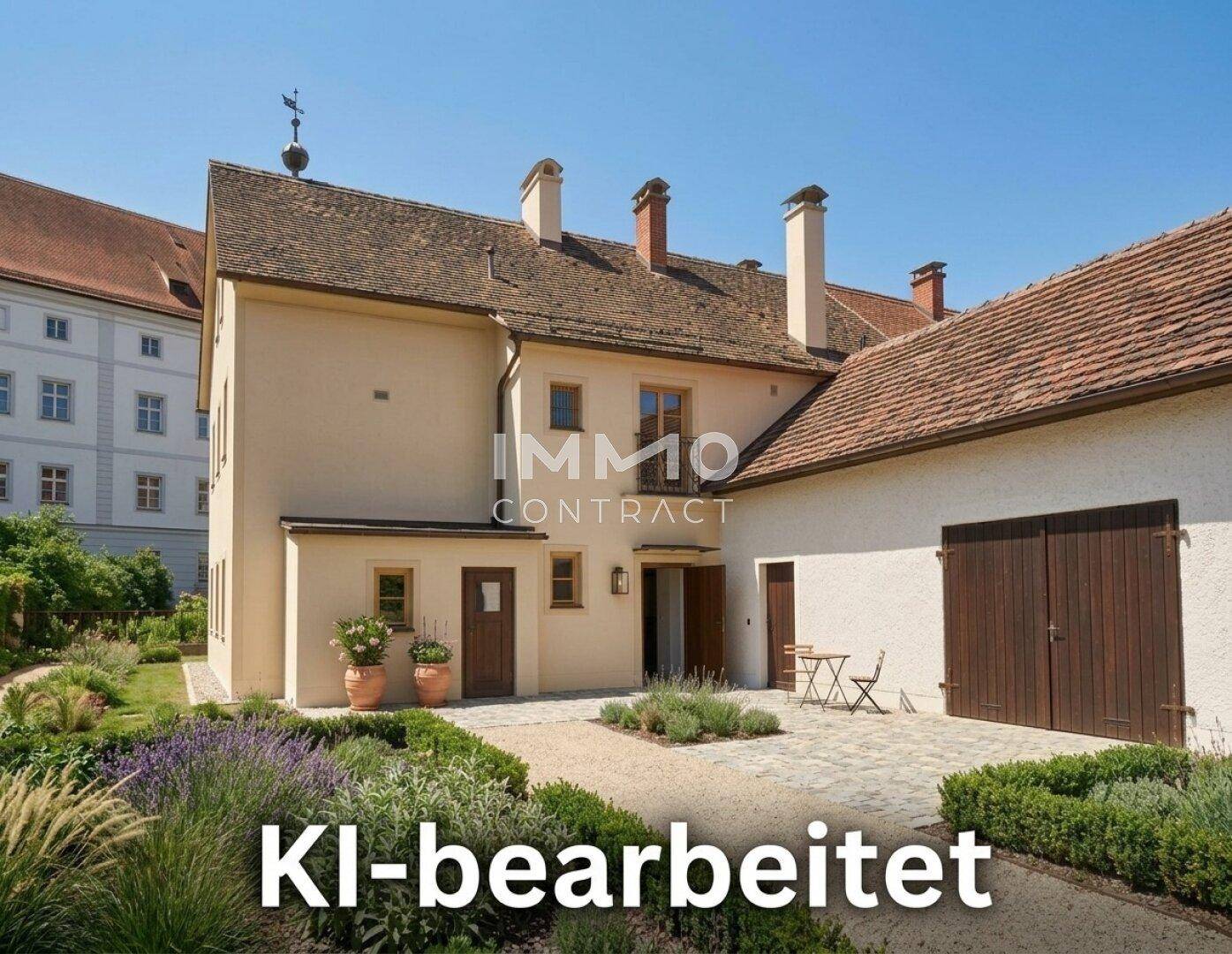 KI-bearbeitete Ansicht des sanierten Gebäudes mit gepflegtem Gartenbereich und Sitzgelegenheiten.