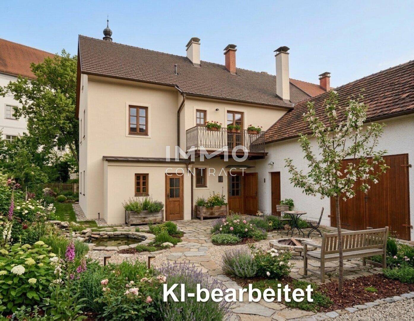 KI-bearbeiteter, wunderschön gestalteter Garten mit Teich, Sitzbank und blühenden Pflanzen.