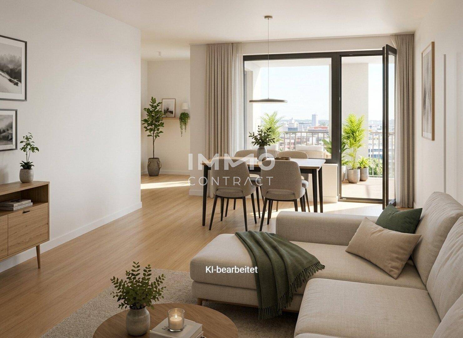 Heller Wohn-Essbereich mit modernem Sofa, Esstisch und Zugang zu einem Balkon.