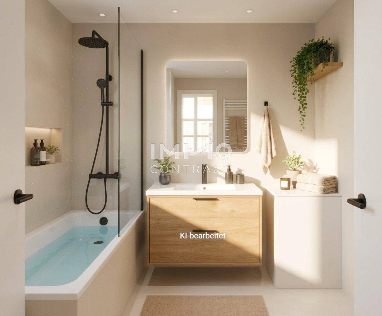 Modernes Badezimmer mit Badewanne, Regendusche, Einzelwaschbecken und beleuchtetem Spiegel.