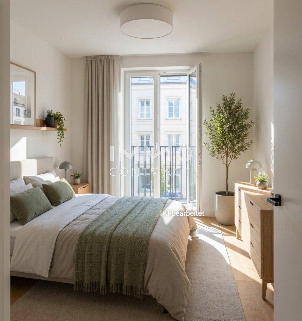 Helles Schlafzimmer mit Doppelbett, Kommode und französischem Balkon.