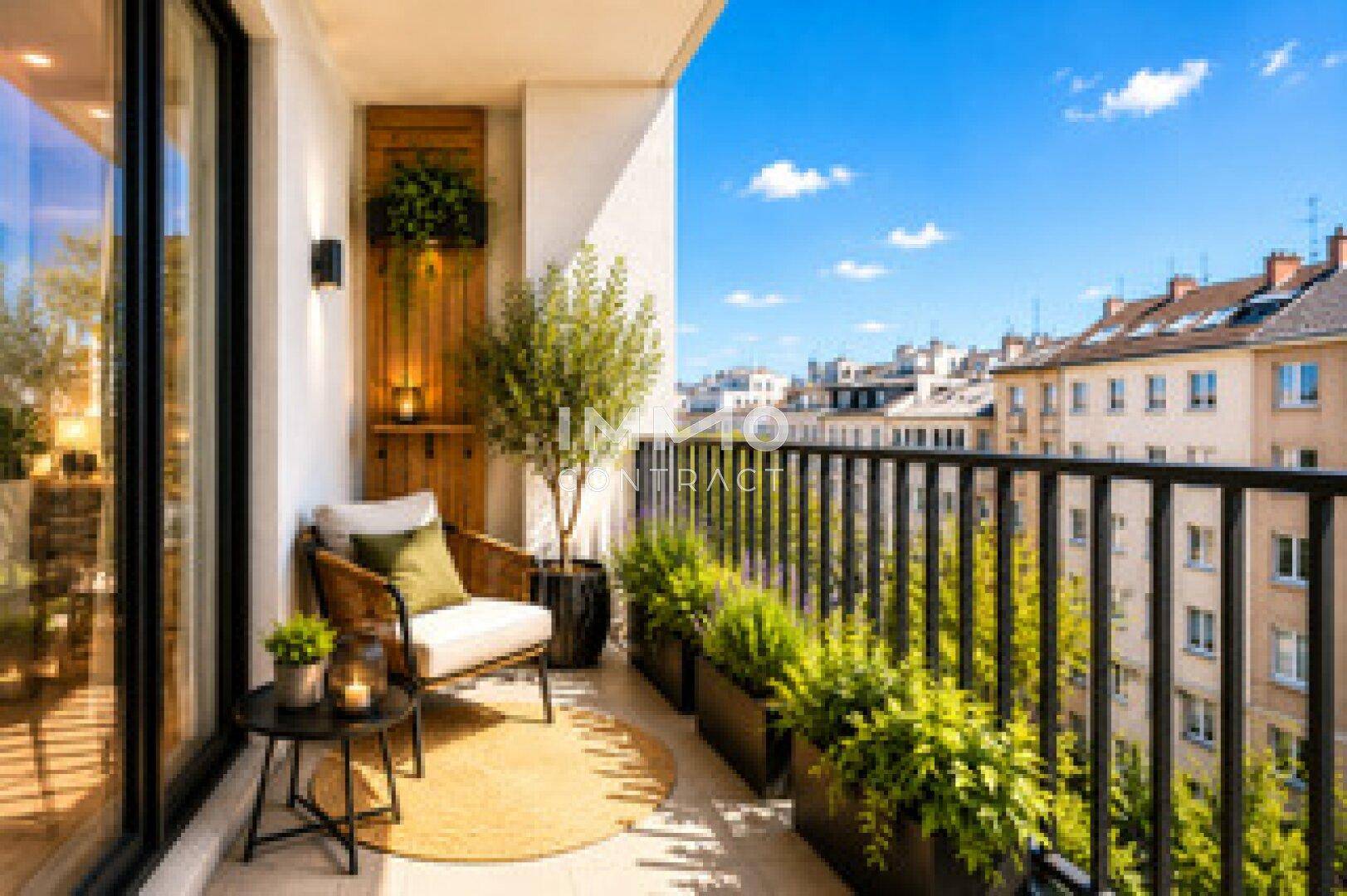 Heller, modern eingerichteter Balkon mit Pflanzen, Sitzgelegenheiten und Blick auf die Stadt.