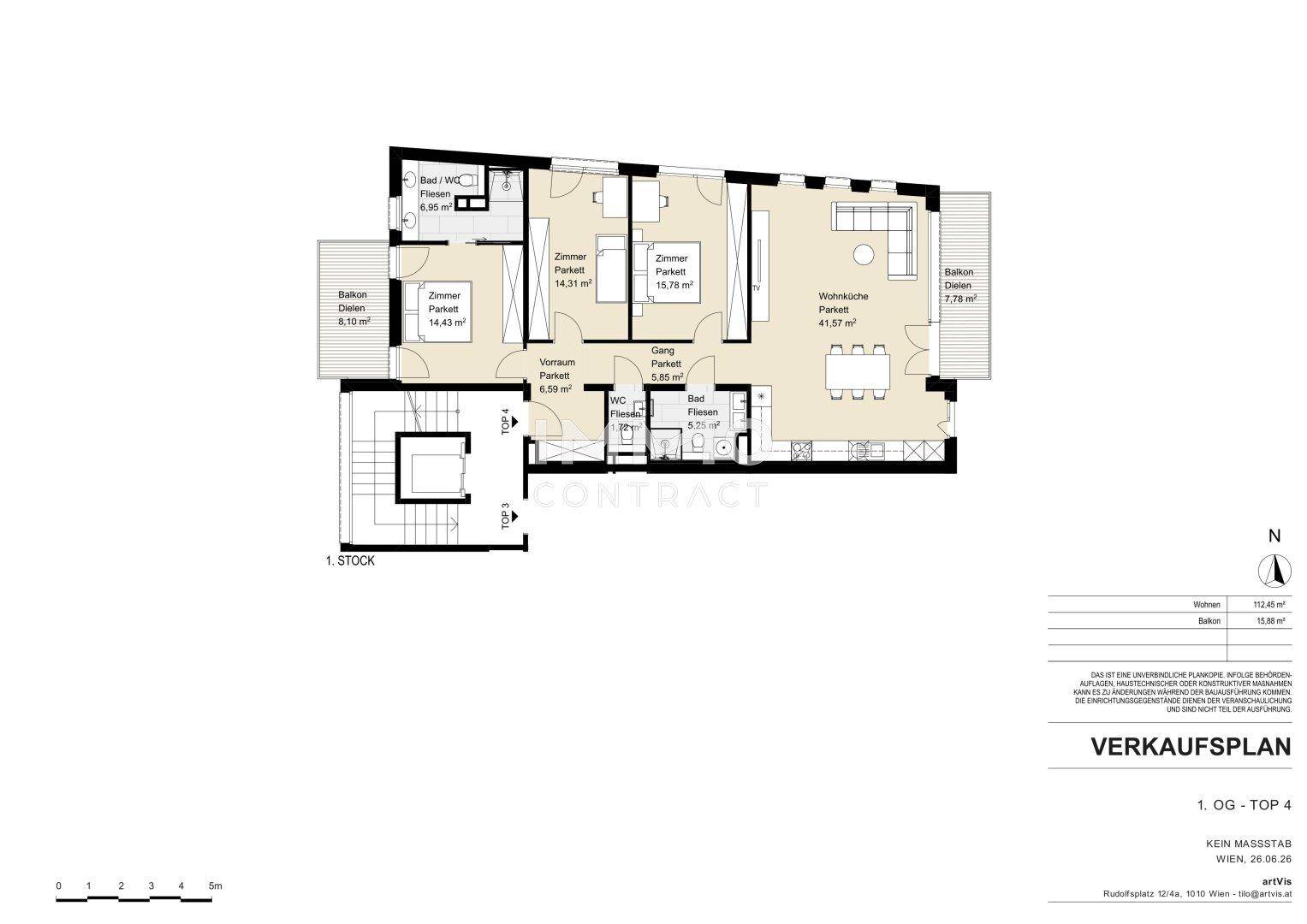 Grundriss einer Wohnung mit drei Zimmern, zwei Bädern und Balkonzugang.