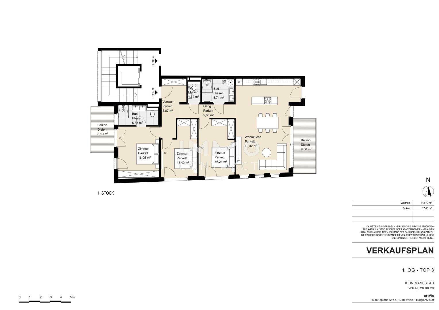 Detaillierter Grundriss der Wohnung im ersten Obergeschoss mit Balkonen und Parkettböden.