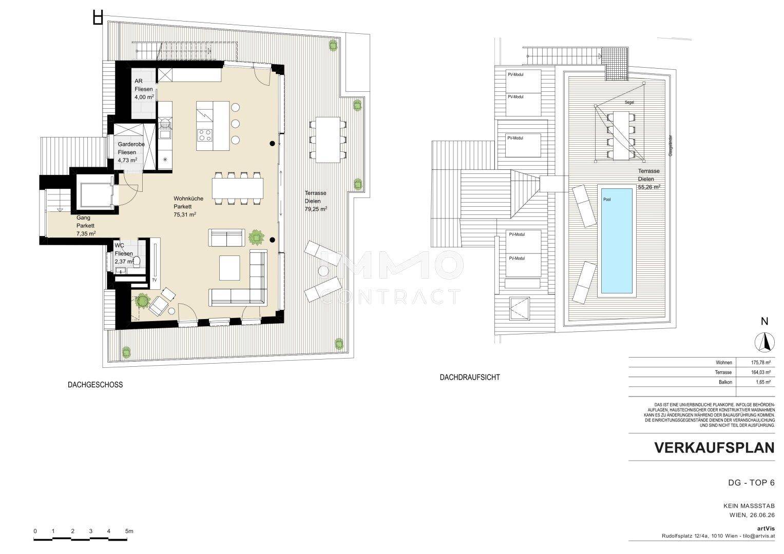 Grundriss des Dachgeschosses mit Wohnküche, großer Terrasse und Pool.