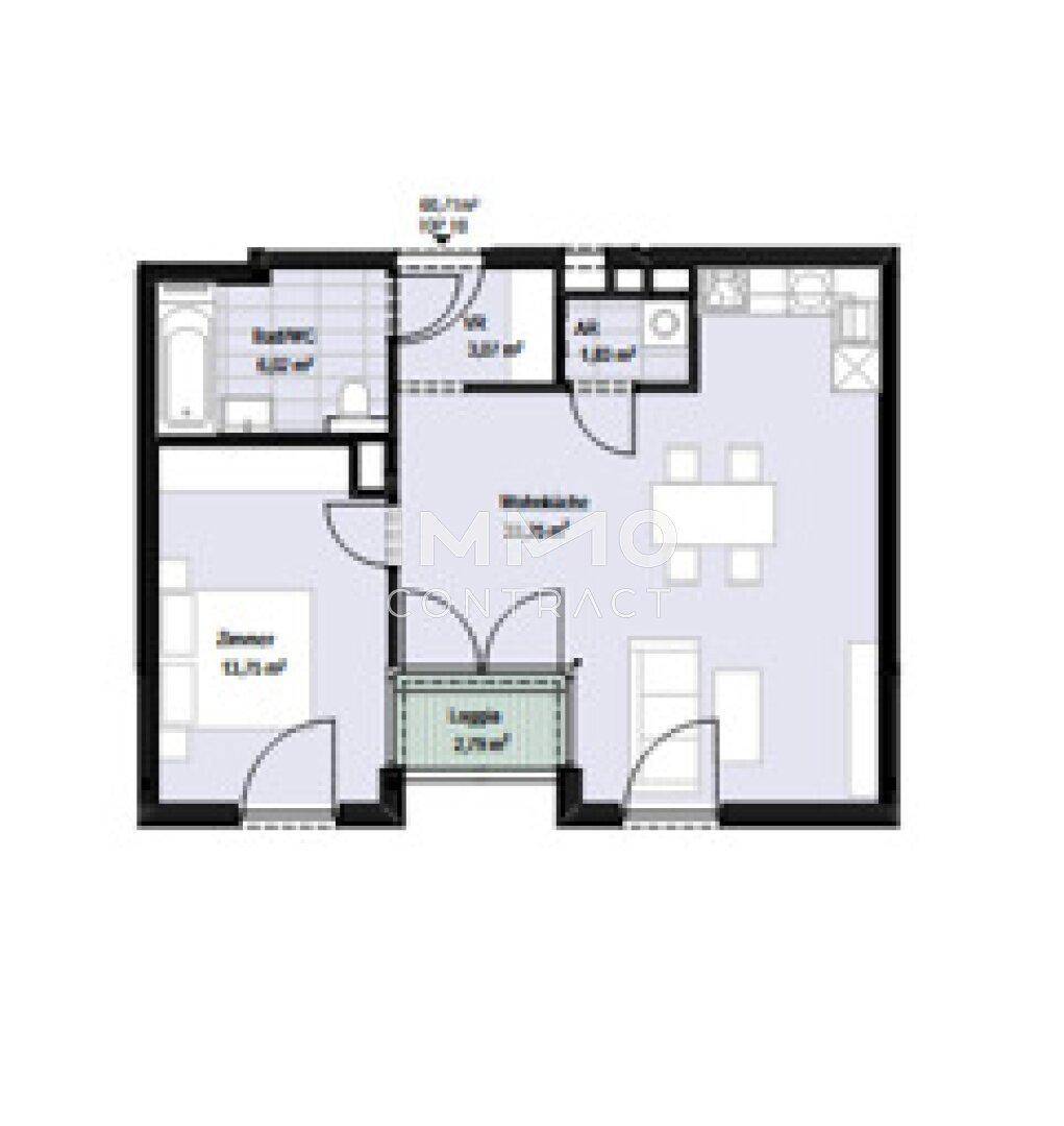 Grundriss einer Wohnung mit offenem Wohn-Essbereich, separatem Schlafzimmer, Bad, WC und einer Loggia.