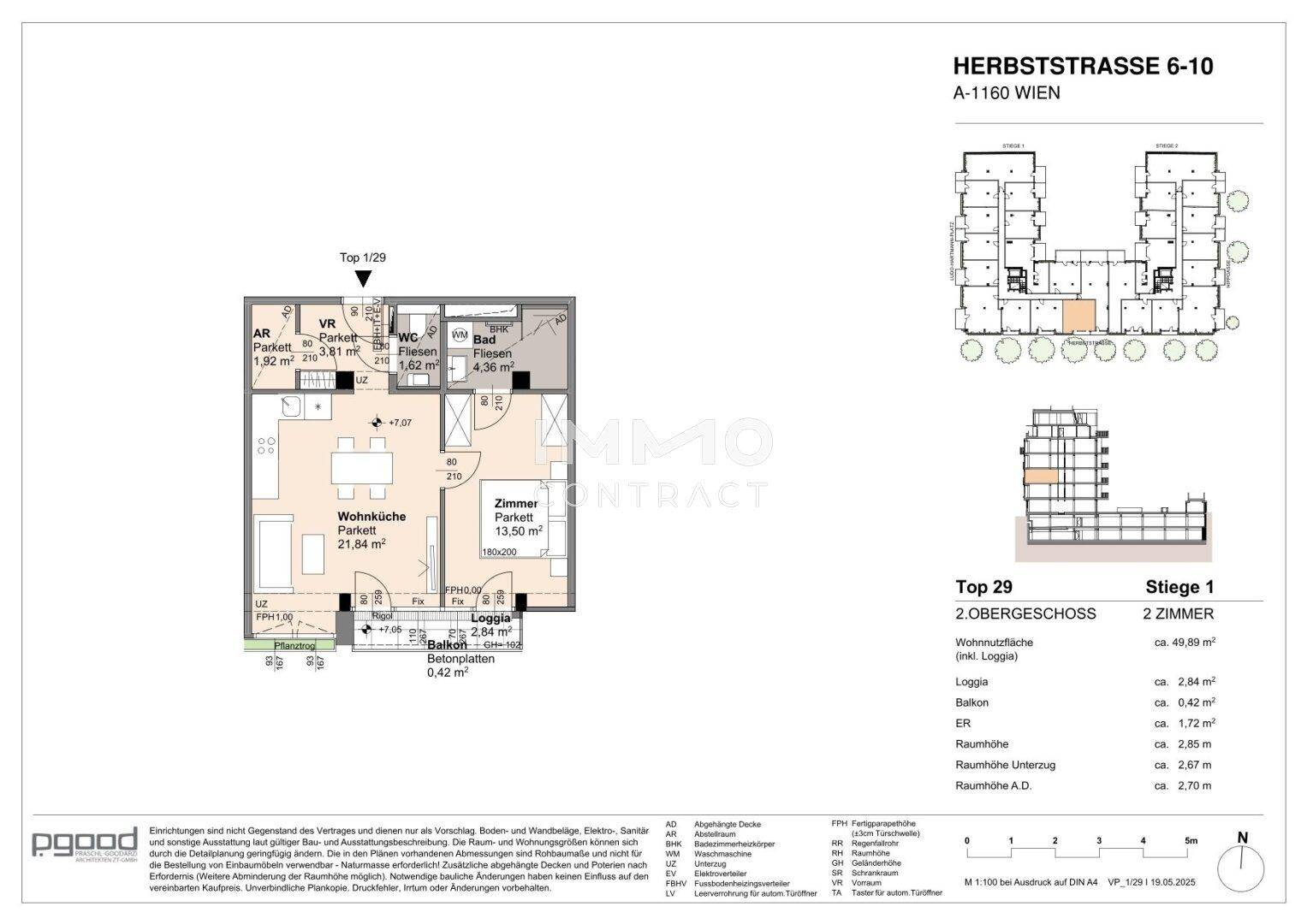 Grundriss einer 2-Zimmer-Wohnung im 2. Obergeschoss mit Loggia und Balkon.
