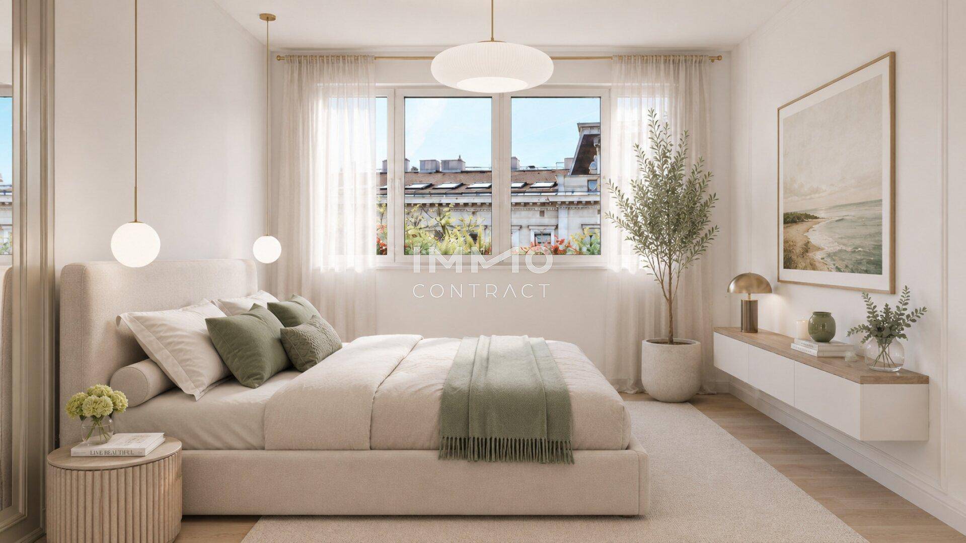 Modernes Schlafzimmer mit großen Fenstern, minimalistischer Einrichtung und hellem, freundlichem Ambiente.