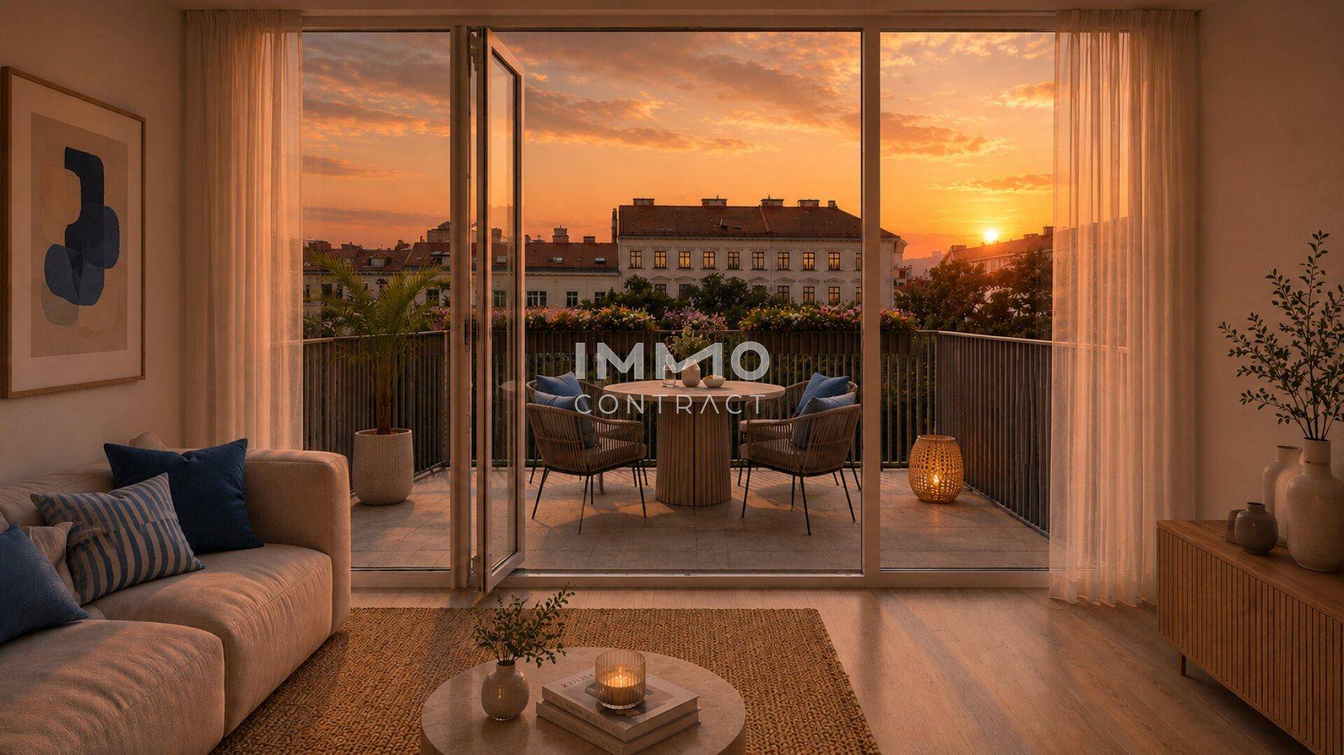 Helles Wohnzimmer mit Zugang zu einem Balkon, der einen malerischen Sonnenuntergang über der Stadt bietet.