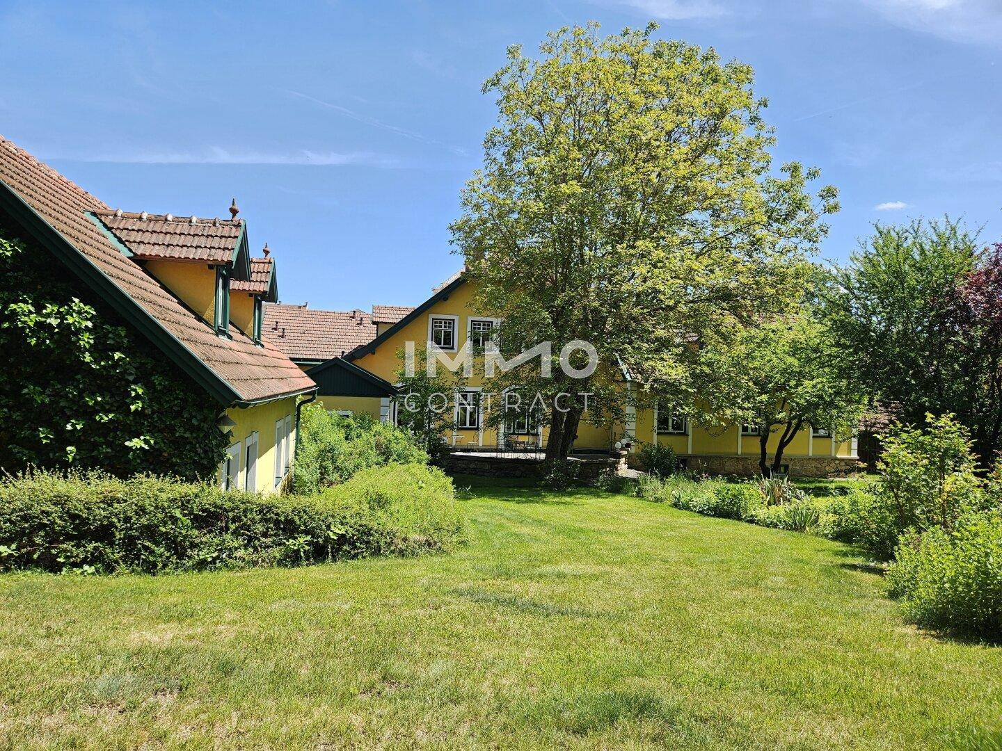 Weitläufiger, sonniger Garten mit altem Baumbestand und Blick auf die Rückseite des Hauses.