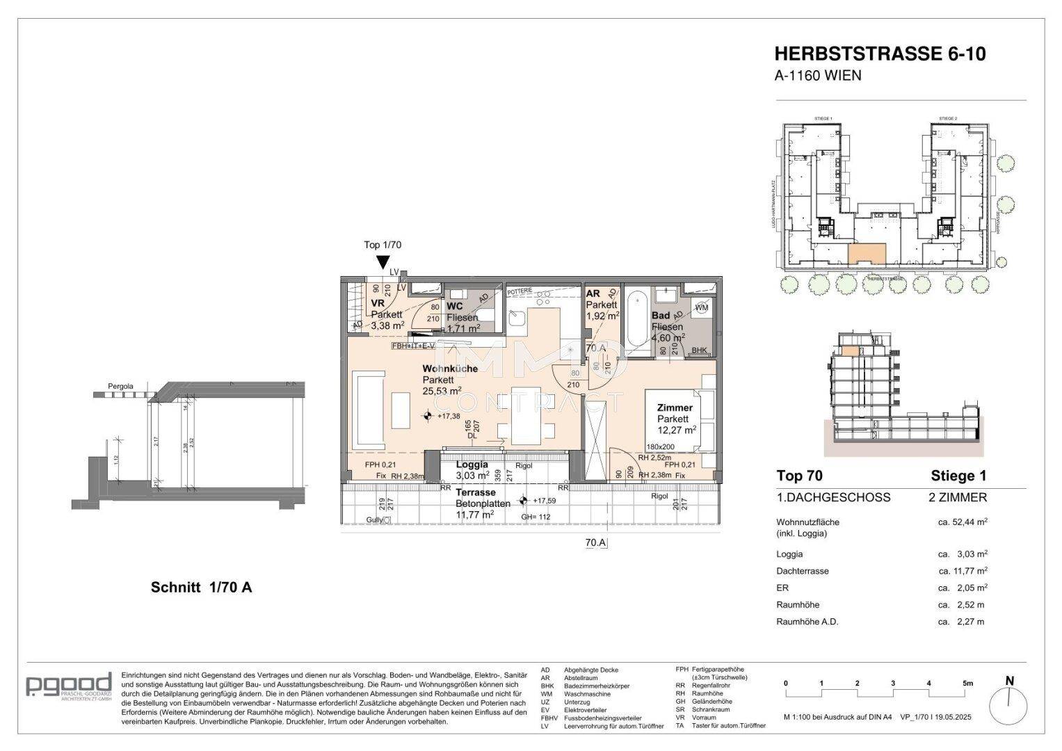 Detaillierter Grundriss einer 2-Zimmer-Wohnung mit Loggia und Terrasse im Dachgeschoss.