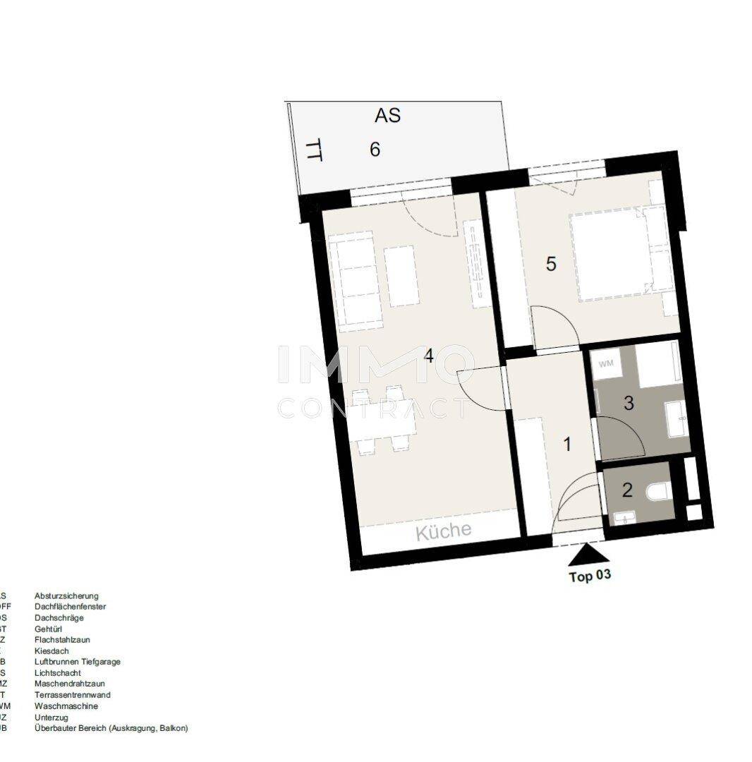 Grundriss einer Wohnung mit offener Küche, Wohnbereich, Schlafzimmer und Balkon.