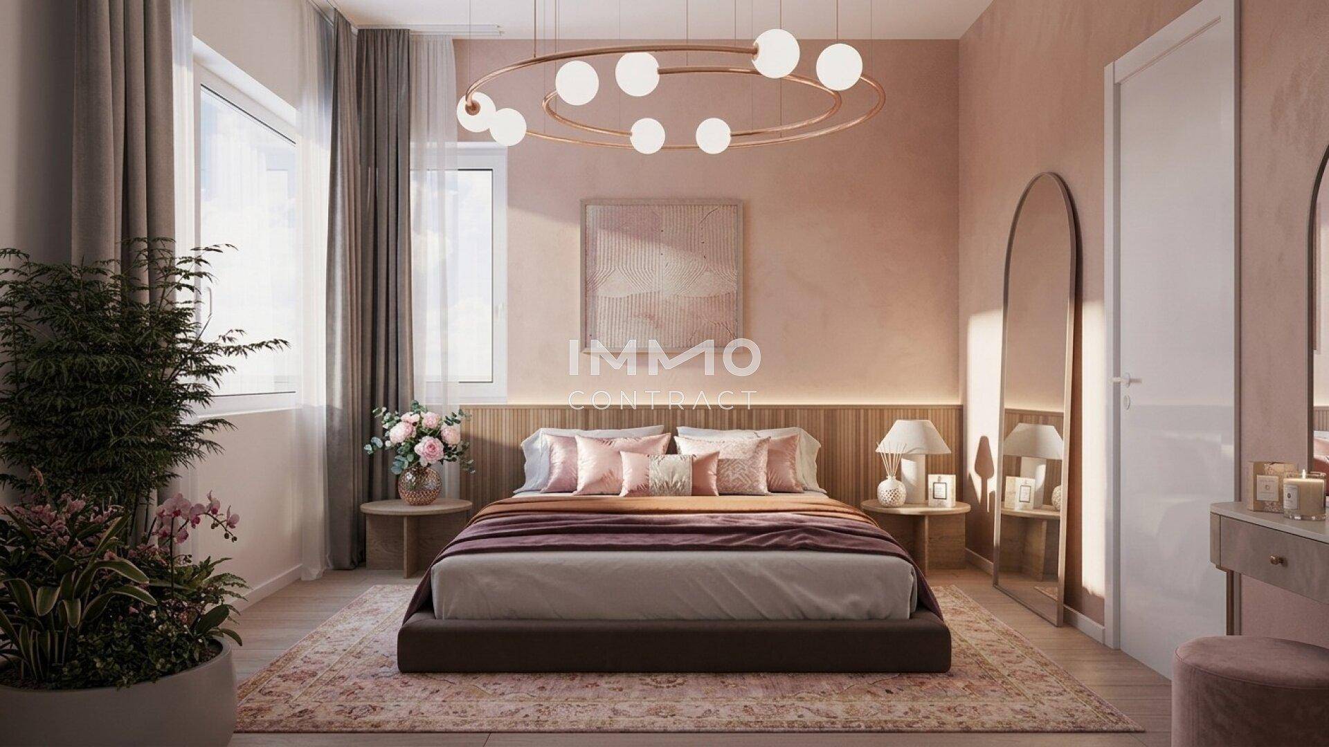 Stilvolles Schlafzimmer mit großem Bett, moderner Beleuchtung und einem eleganten Ganzkörperspiegel.
