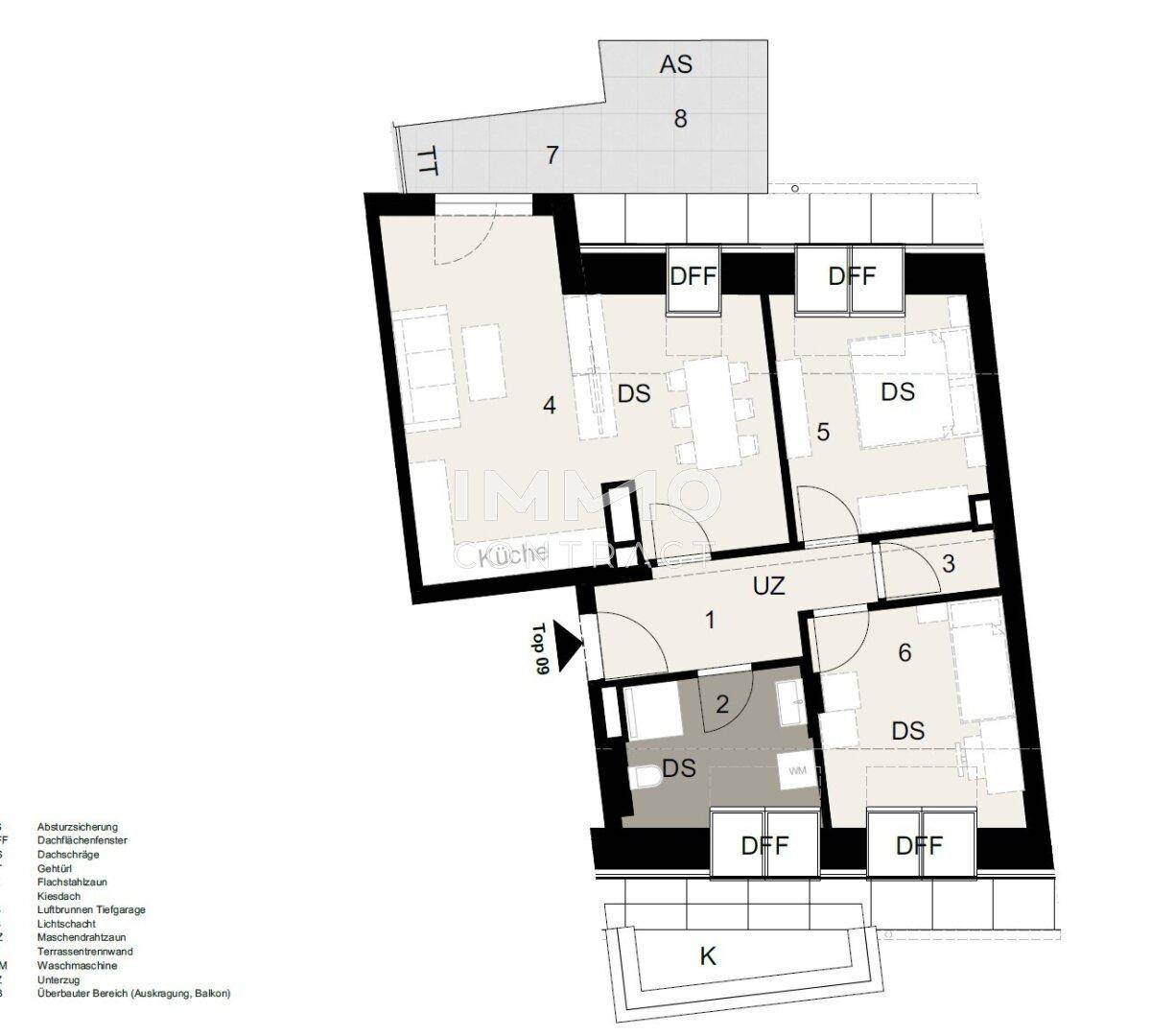 Grundriss einer Wohnung mit offenem Wohnbereich, Küche und Zugang zu Terrasse und Abstellraum.
