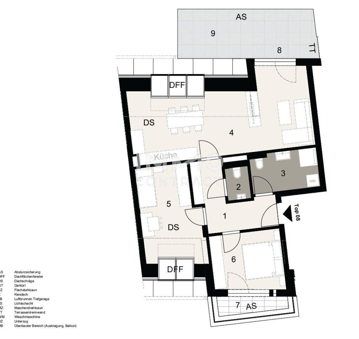 Grundriss einer modernen Wohnung mit offener Küche, Bad, Schlafzimmer und Balkonzugang.