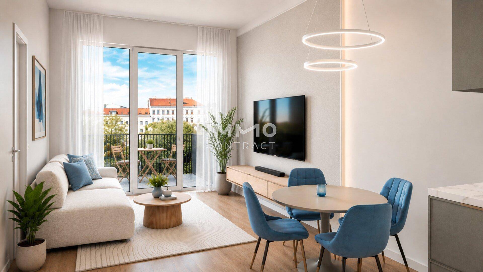 Offener Wohn-Essbereich mit modernem Sofa, Esstisch und Zugang zum Balkon.