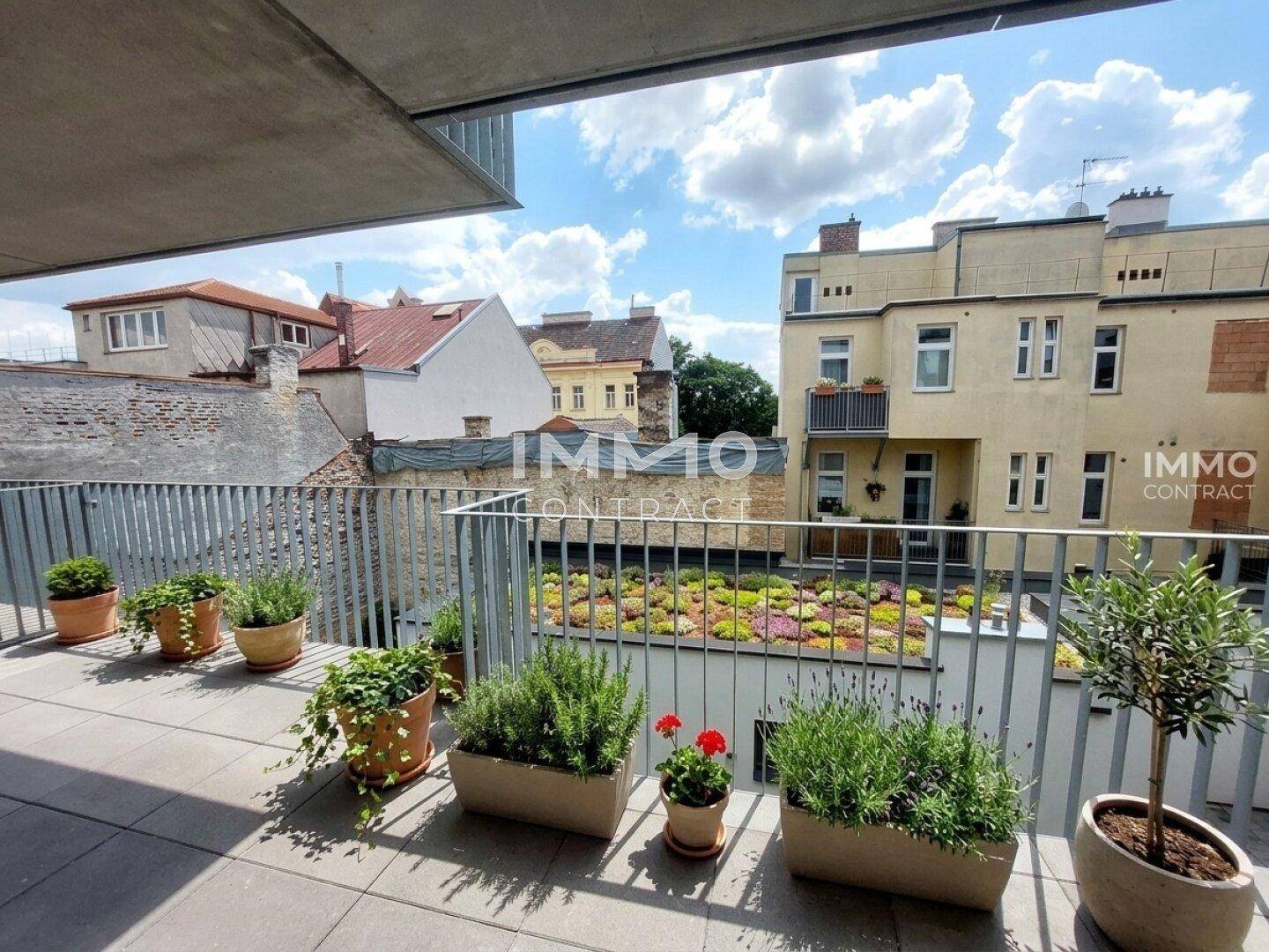 Geräumiger Balkon mit verschiedenen Pflanzen und Blick auf die umliegenden Gebäude und ein Gründach.