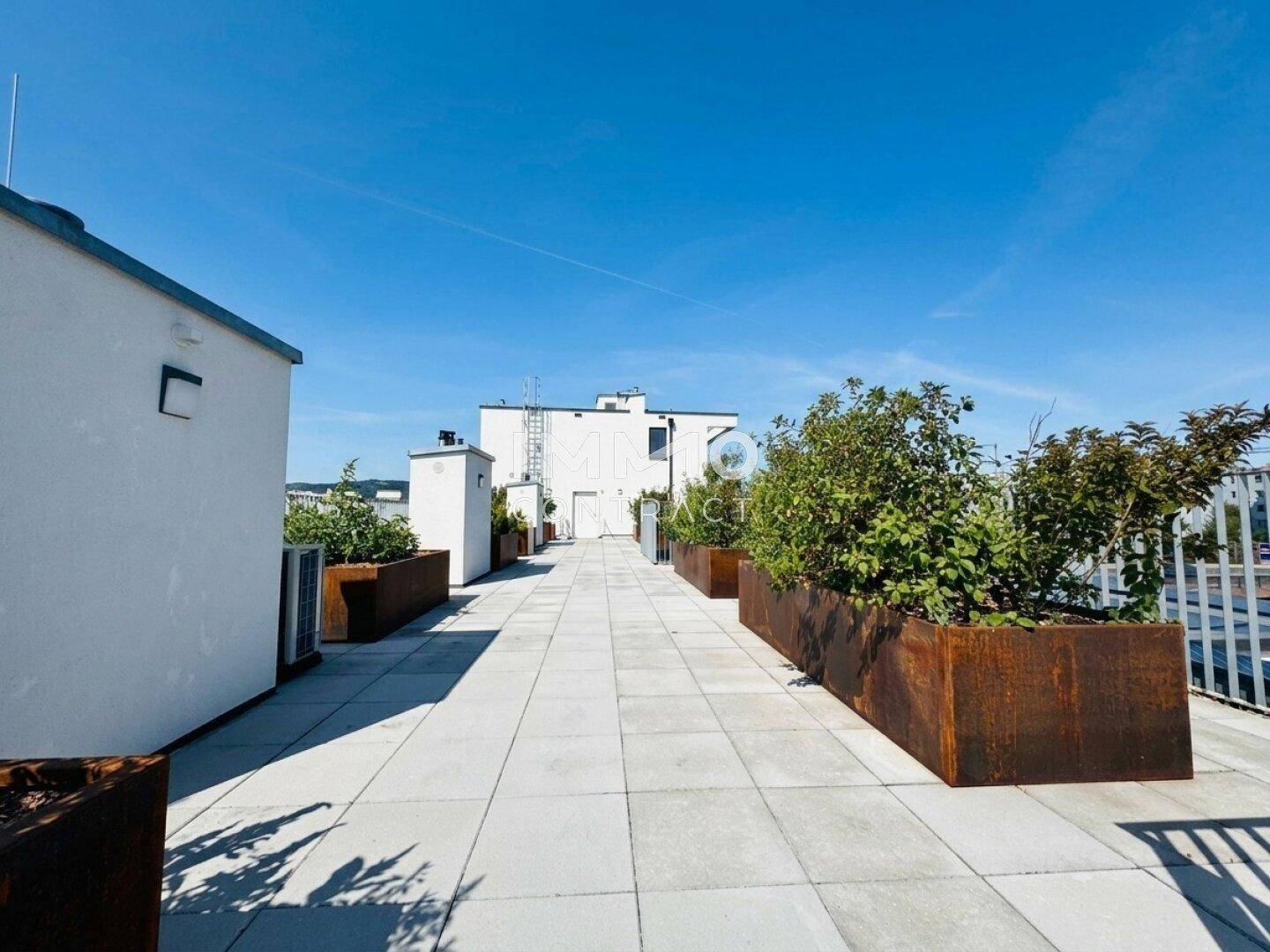 Weitläufige Dachterrasse mit Pflanzkübeln und weitem Blick unter blauem Himmel.