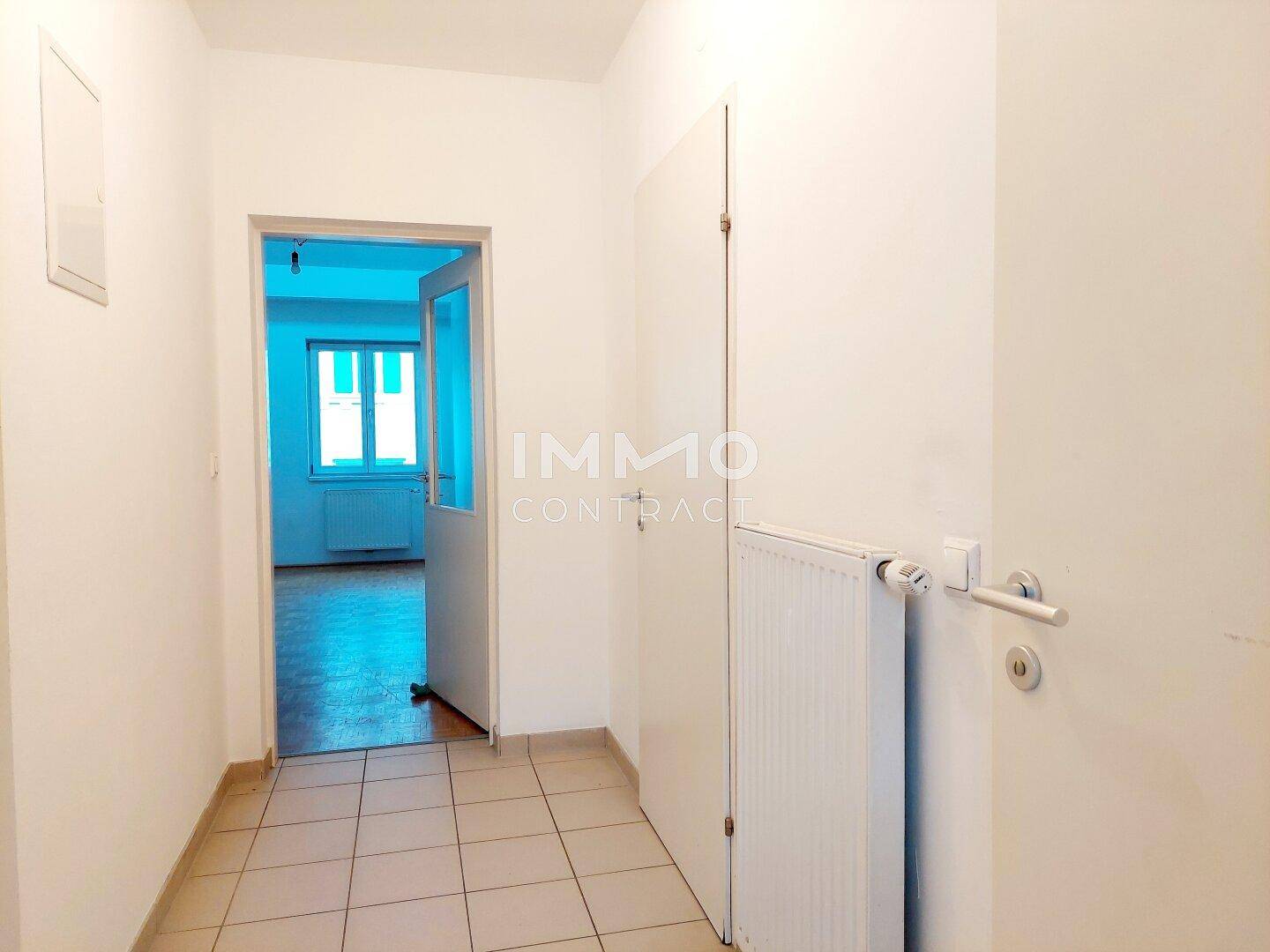 Eingangsbereich mit Fliesenboden, Heizkörper und Zugang zu einem weiteren Zimmer.