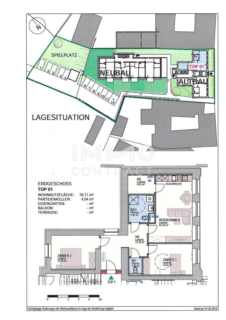 Detaillierter Grundriss von TOP 01 mit Wohnzimmer, Schlafzimmern, Bad und Balkon.