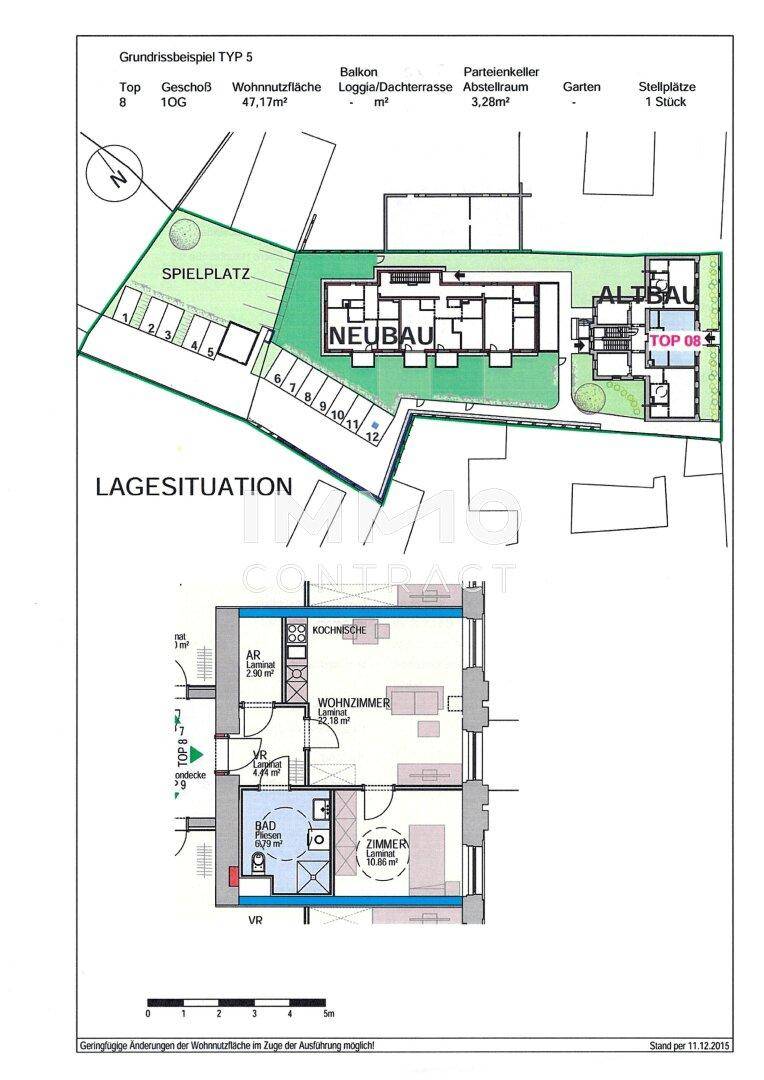 Grundrissplan mit Lage der Gebäude, Spielplatz und detailliertem Apartment-Layout.